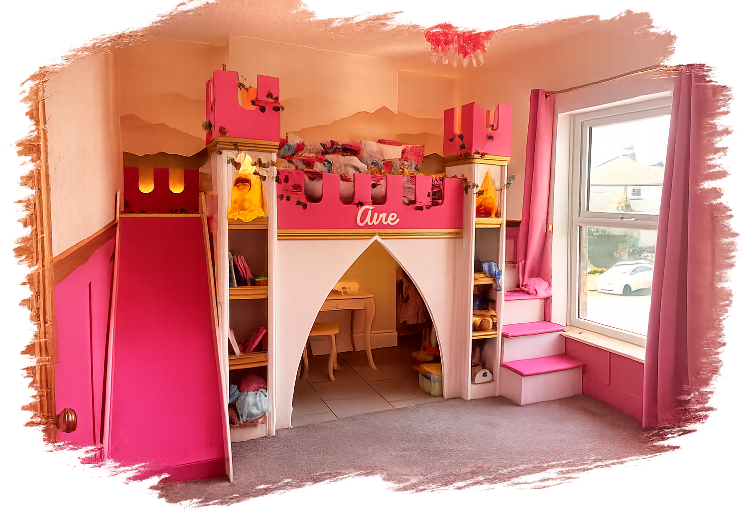 Photo of the finished bespoke castle bed installed in the bedroom