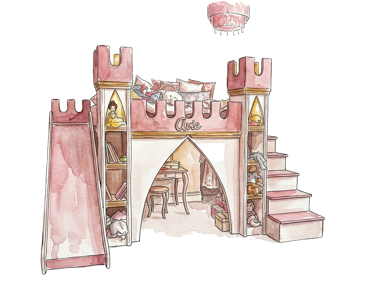 Hand-painted watercolour illustration of a bespoke castle bed with slide and staircase